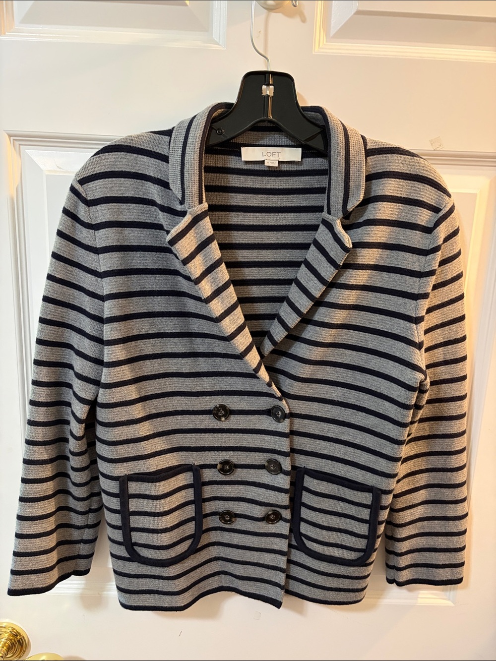 LOFT Navy & Gray Striped Double-Breasted Knit Blazer